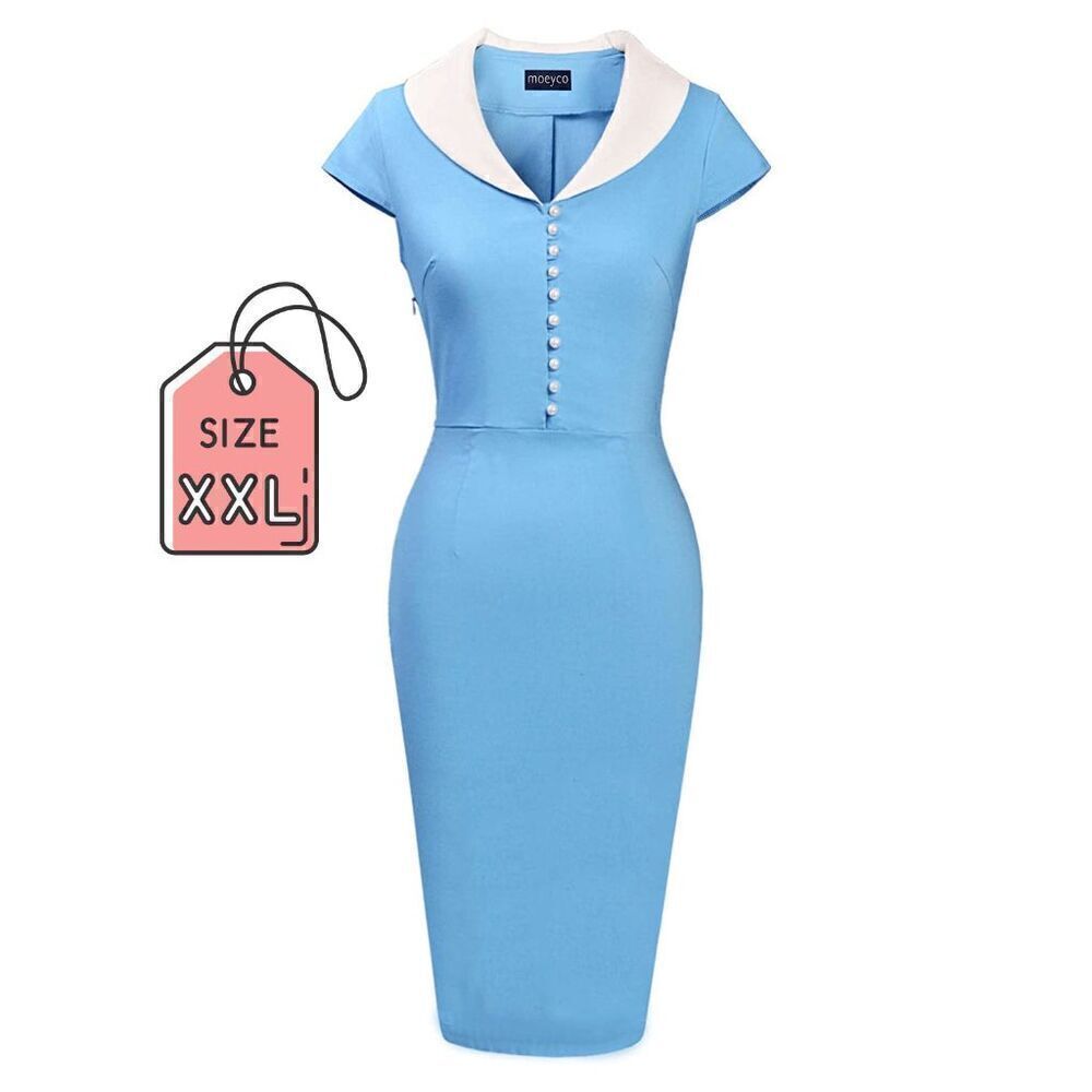 Retro Vintage Pinup 1950s Classy Elegant Cocktail Pencil Midi Blue Dress XXL NWT